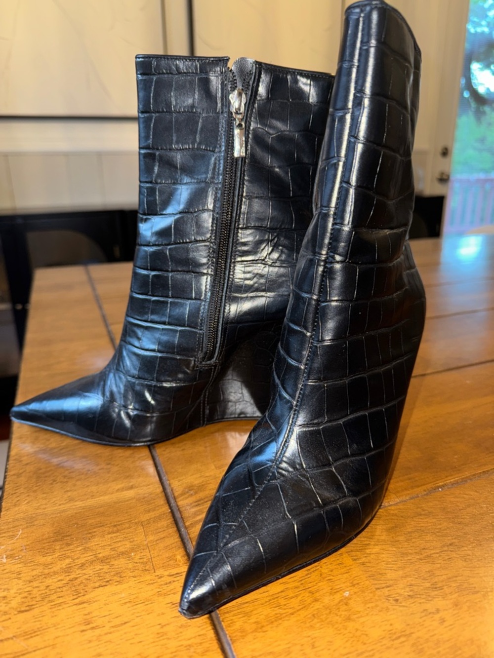 Schutz Asya crocodile-embossed leather wedge ankle booties